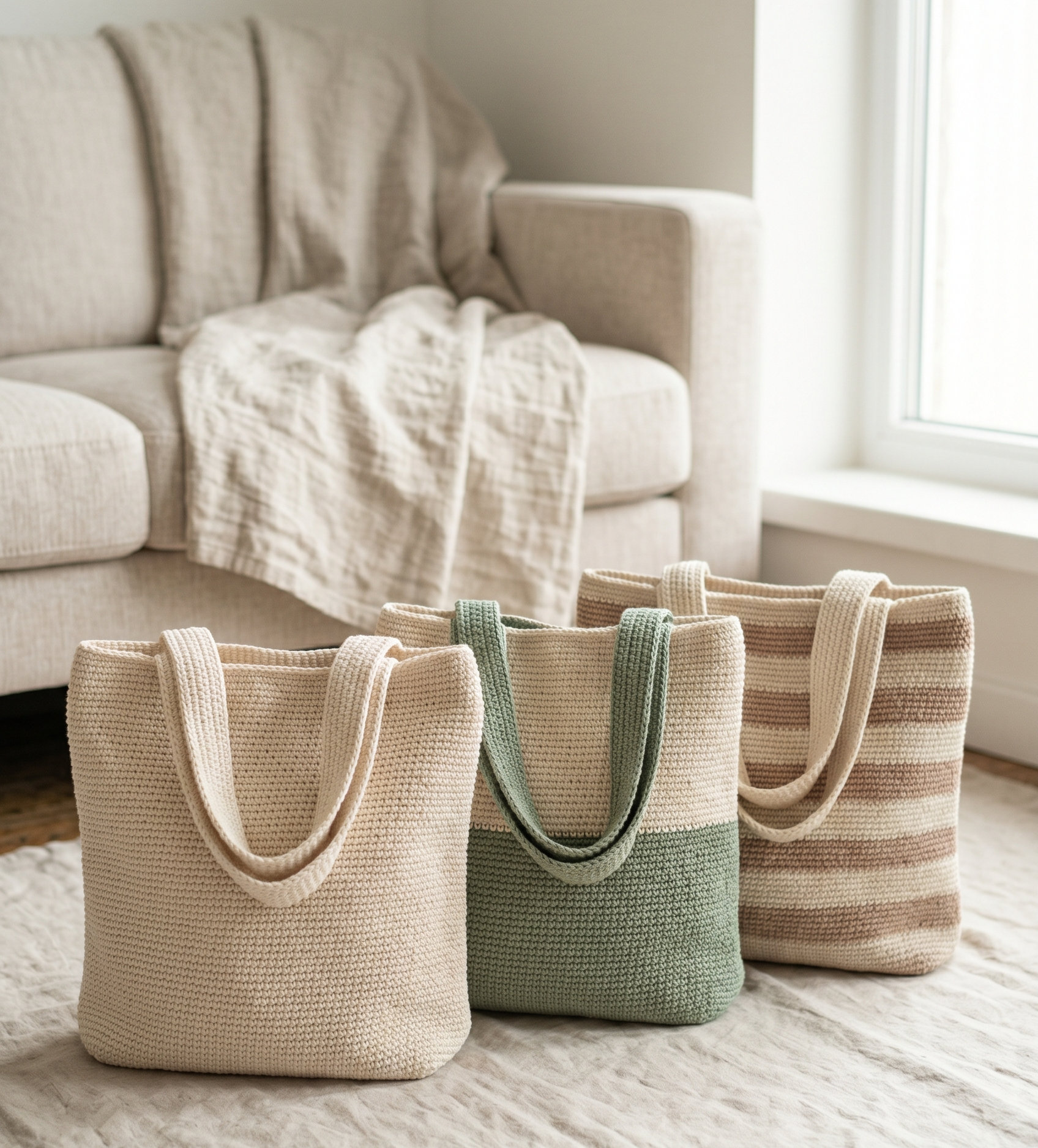 Shopper Tasche häkeln Abschlussbild mit verschiedenen Varianten